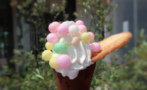 少し溶けかけている豊浜SAのクレミアソフトのおいりトッピング